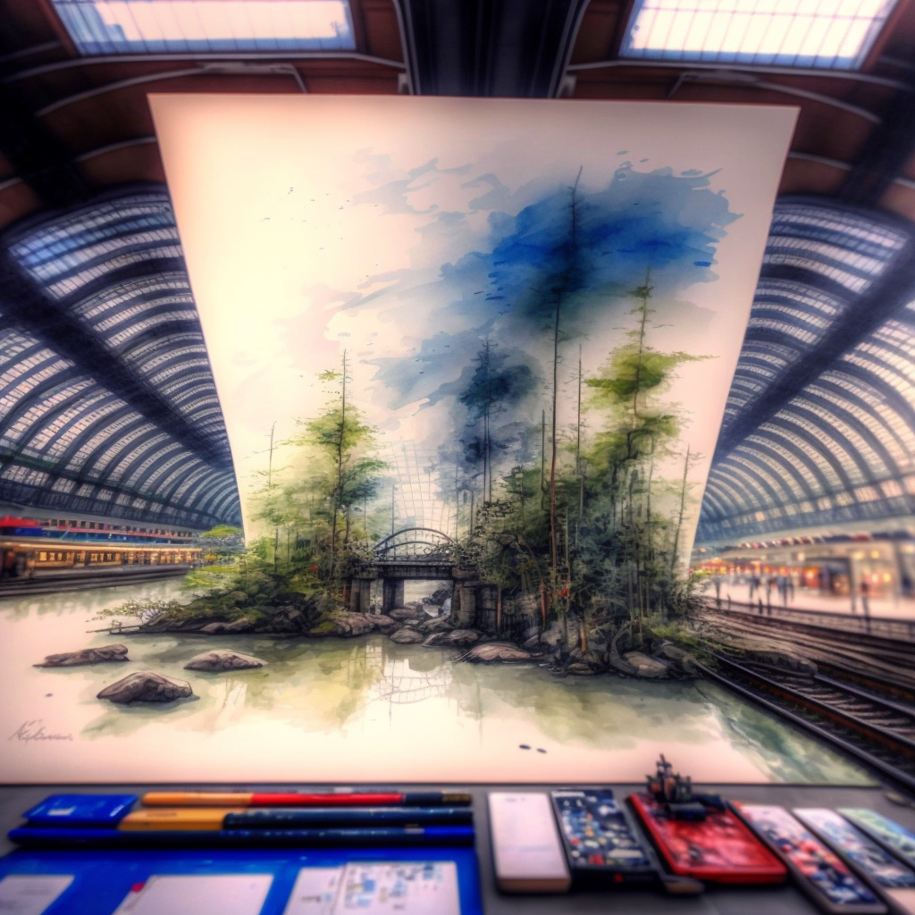 Bahnhofshalle mit gemalter Eisenbahnbrücke und Wasserfarbenset