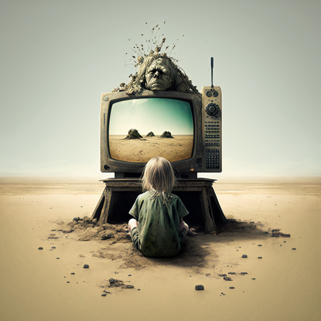 Kind vor surrealen Fernseher in der Wüste