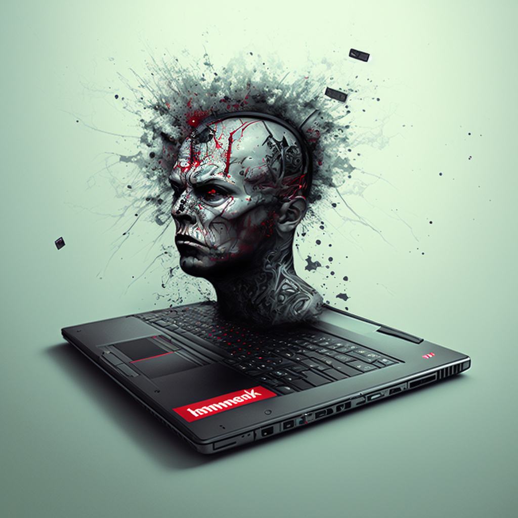 Laptop mit Menschenkopf statt Bildschirm ("Thinkpad"