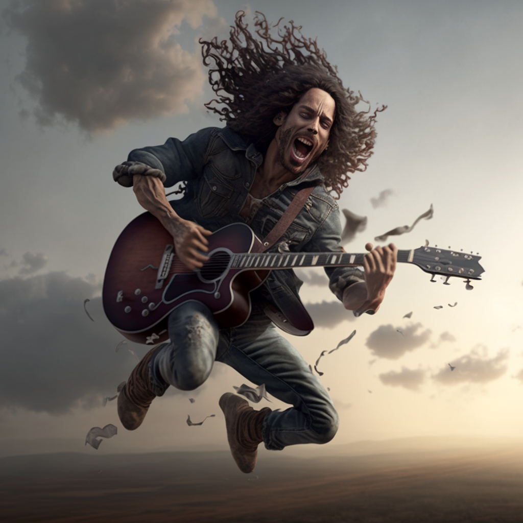 Chris Cornell jumping in the air with his guitar